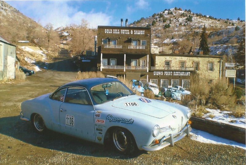 The triumphant Smurf, a 1966 VW Karmann Ghia, in front of a saloon in Virginia City, NV. 