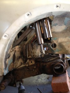 New trailing arm installed with shock mounted and compressed. Photo provided by Paul Nauleau.