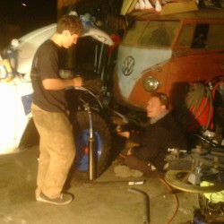 Paul and Gary discussing the front skid pan bars. Gary was in the process of making these.