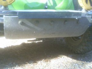 Frontal view of the front bumper. Five grade 8 bolts are used here, with two more on the tabs, and four more underneath (not including the tubed frame).